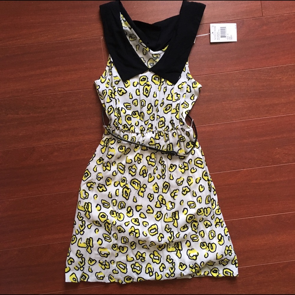 Girls Yellow Leopard Print Dress with Black Collar
